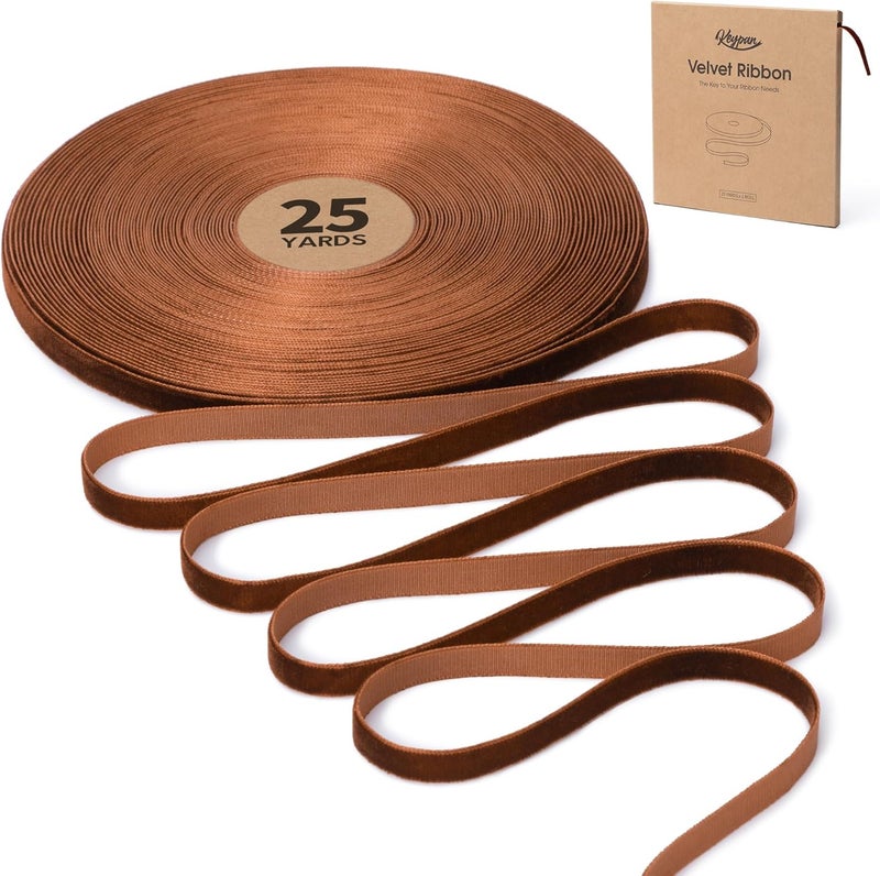 Keypan Dark Brown Velvet Ribbon 3/8 Inch Handmade Vintage Thin Ribbons for Wrapping Gift Wreath Decoration Ornaments Bow Making Christmas Tree Home Decor, 25 Yd - Image 1